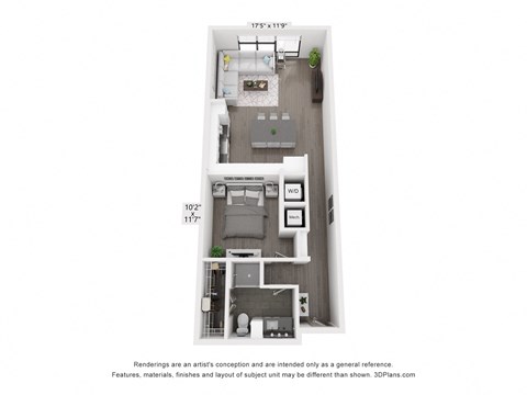 a stylized floor plan of a 1 bedroom apartment